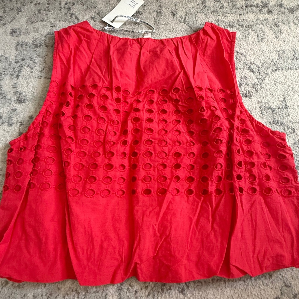 Jennifer & Grace Coral Red Eyelet Sleeveless Bubble Hem Top CT7015M NWT Large - Picture 6 of 6